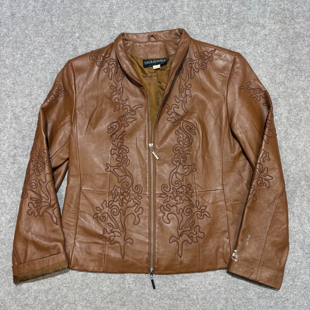 Talk of the Walk Womens Brown Leather Embroidered Zip Front Jacket Size M